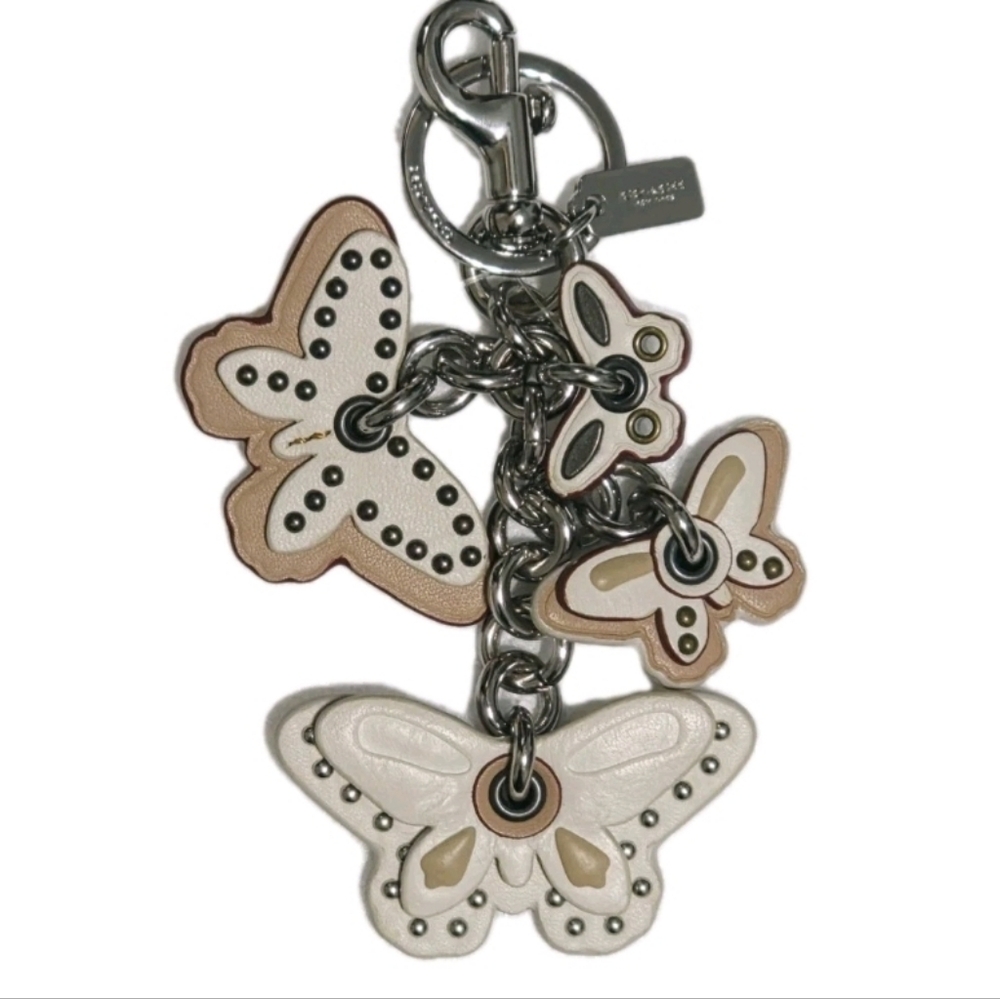 Cute! Coach Butterfly Mix Charm Silver Rivets Studs CHALK Keychain Bag Fob RARE